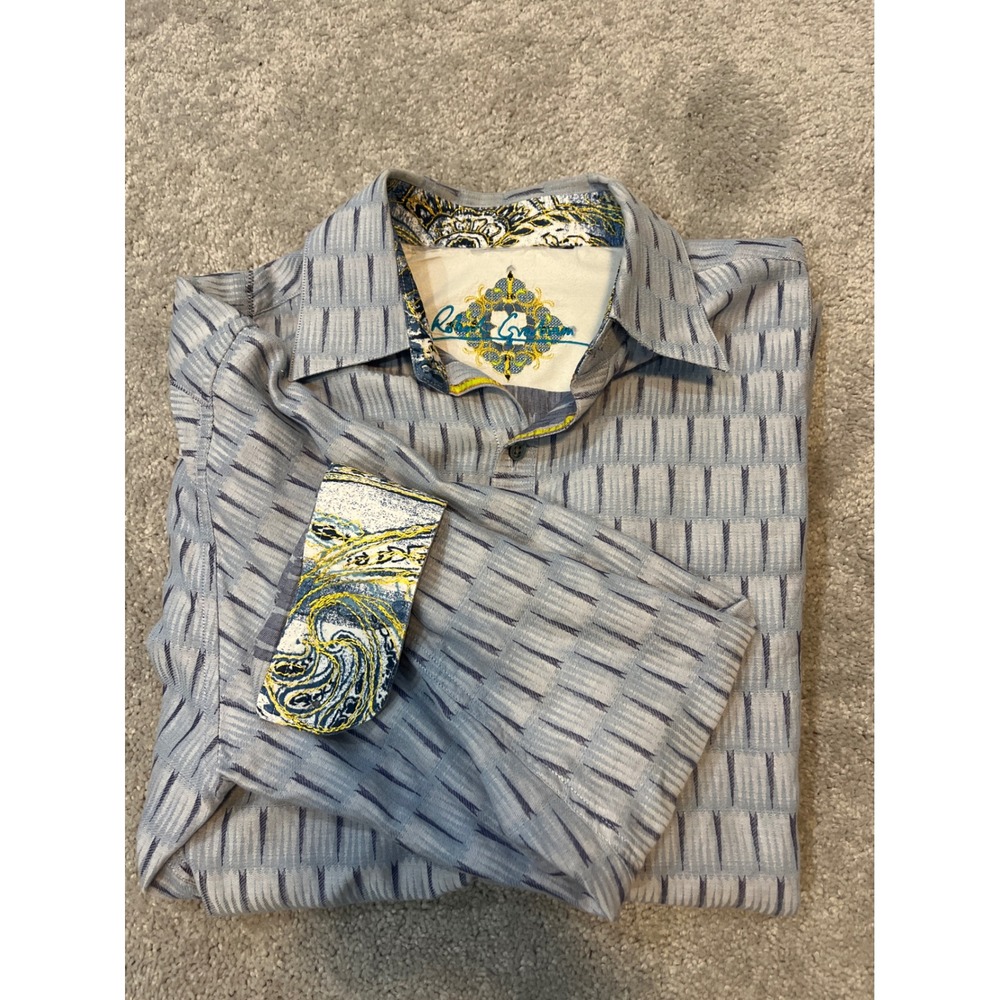 Robert Graham Button Up Shirt Long Sleeve Gray Blue Geo Print Contrast Sleeves